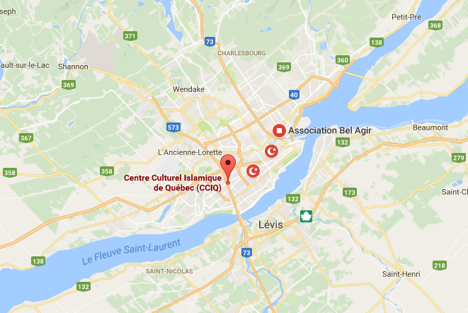L'attentat s'est produit aux alentours de 20 heures dans la Grande Mosquée de Québec, dimanche 29 janvier 2017 - DR : Google Maps