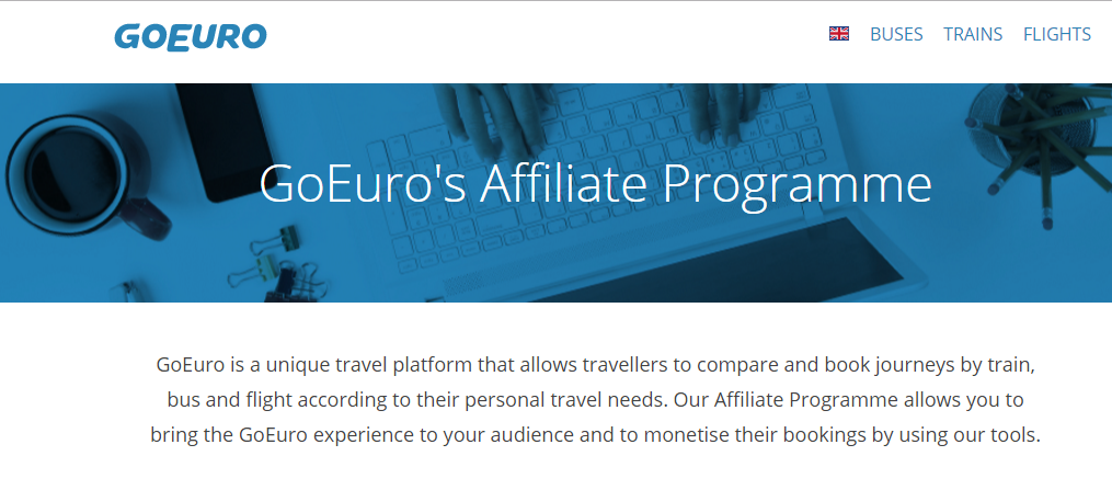 Capture d'écran de la page de présentation du nouveau programme d'affiliation de GoEuro pour les professionnels du tourisme