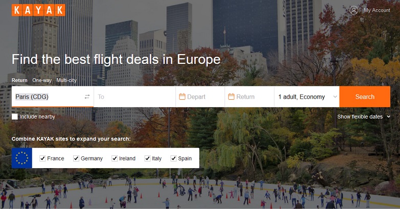 Le nouveau site Kayak.eu qui permet de cherche des offres de voyages dans 5 pays européens - Capture écran