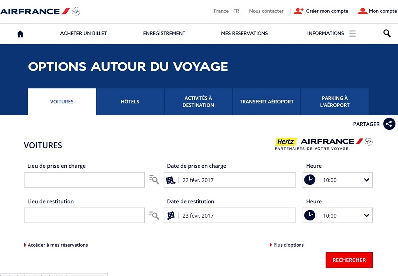 Partenariat Hertz - Air France : Un nouveau site Internet dédié aux clients d'Air France est spécialement lancé pour l'occasion - DR capture écran