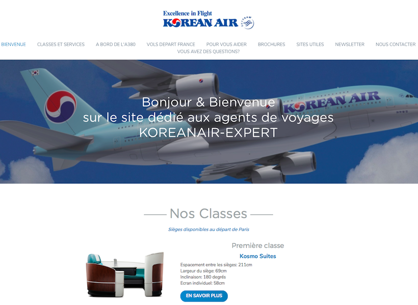 Le nouveau site de Korean Air offre de nombreux détails aux professionnels du voyage - Capture d'écran