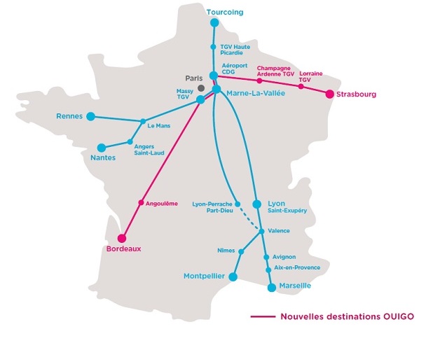 La carte des lignes de train desservies par OUIGO - DR SNCF