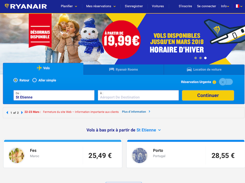 Le site et l'application mobile de Ryanair seront indisponibles pendant 8 heures - Capture d'écran Ryanair Le site et l'application mobile de Ryanair seront indisponibles pendant 8 heures - Capture d'écran Ryanair