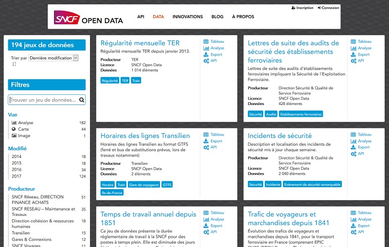 La plateforme data.sncf.com dédiée à l'Open Data de la SNCF - Capture écran