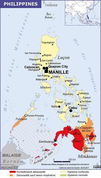 La carte des recommandations de sécurité du Quai d'Orsay pour les Philippines - DR : Conseils aux Voyageurs