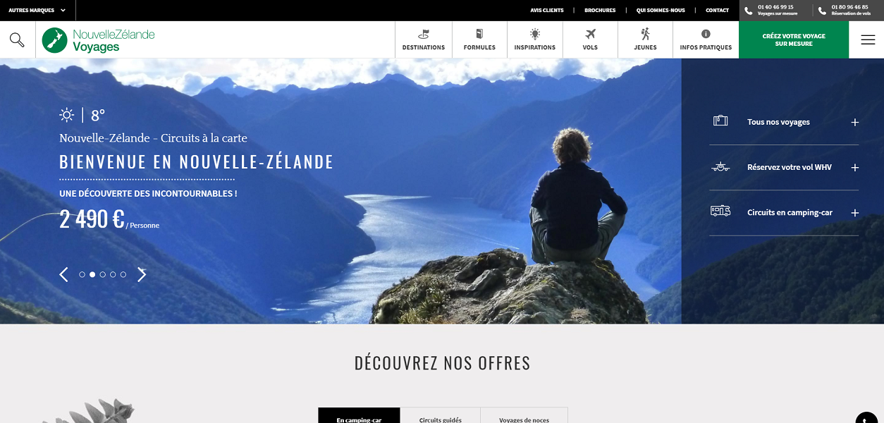 Capture d'écran de la nouvelle version du site Internet de Nouvelle-Zélande Voyages