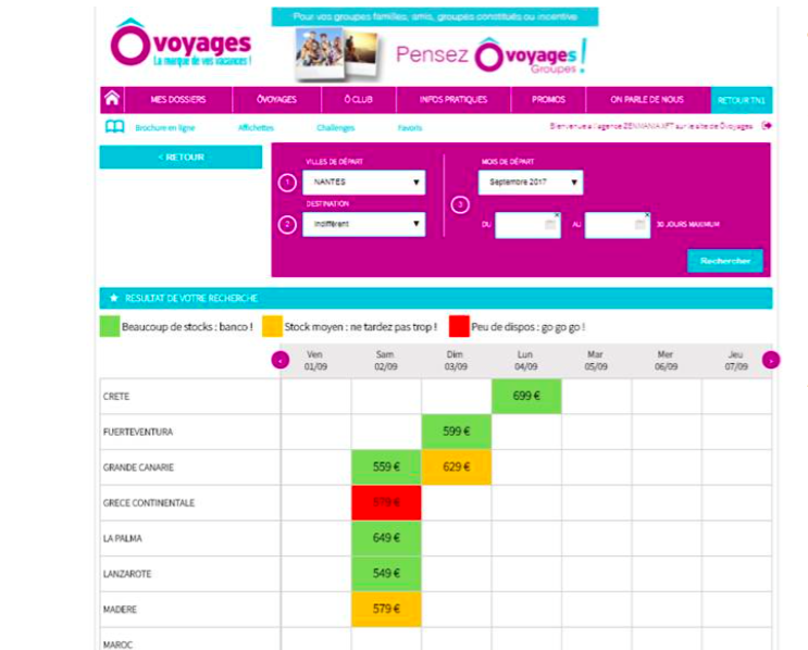 Ôvoyages a mis en place un code couleurs selon les disponibilités restantes - DR