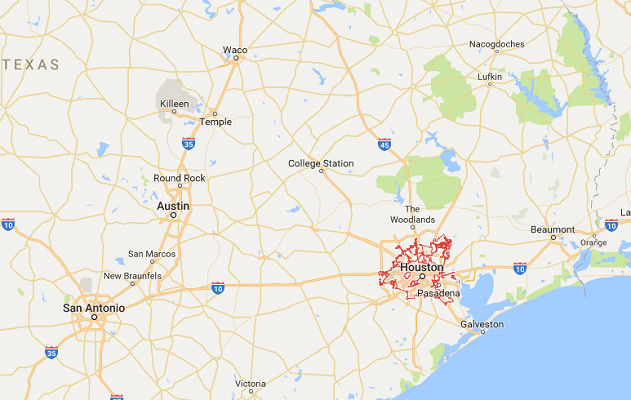 Houston est particulièrement touchées par les intempéries liées au passage de l'ouragan Harvey au Texas - DR : Google Maps