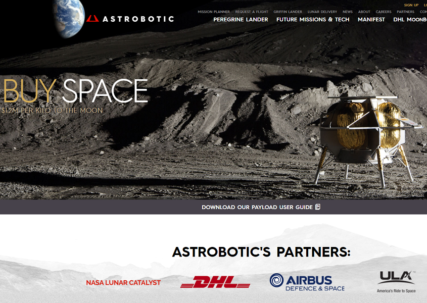 Capture d'écran de la page d'accueil du site d'Astrobotics