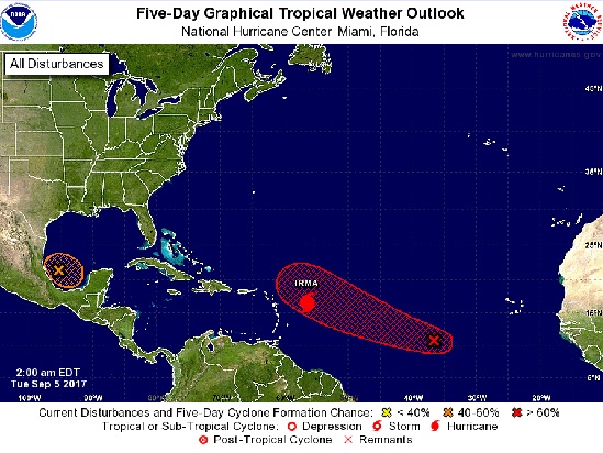 La trajectoire probable d'Irma fournie par le Centre National des Ouragans - DR : Copie écran NHC