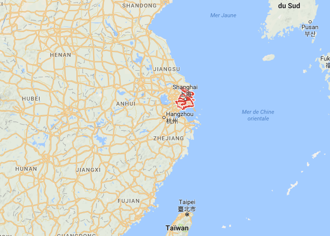 Les régions de l'Est de la Chine, autour de Shanghai, seront touchées par le passage du typhon Talim dans les prochains jours - DR : Google Maps