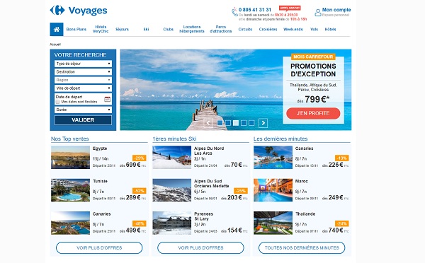 La brochure hiver Vacances ULVF est déjà présente dans les magasins Carrefour Voyages - Capture écran du site voyages.carrefour.fr