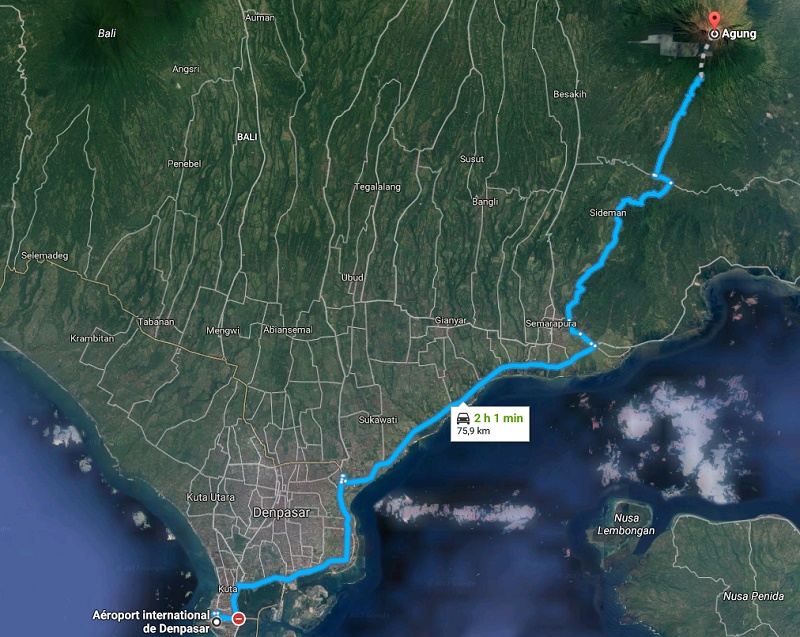 Suite à l'éruption du volcan Agung, les autorités indonésiennes ont prolongé au moins jusqu'à mercredi matin l'arrêt des opérations de l'aéroport de Denpasar. - Capture écran Google Map