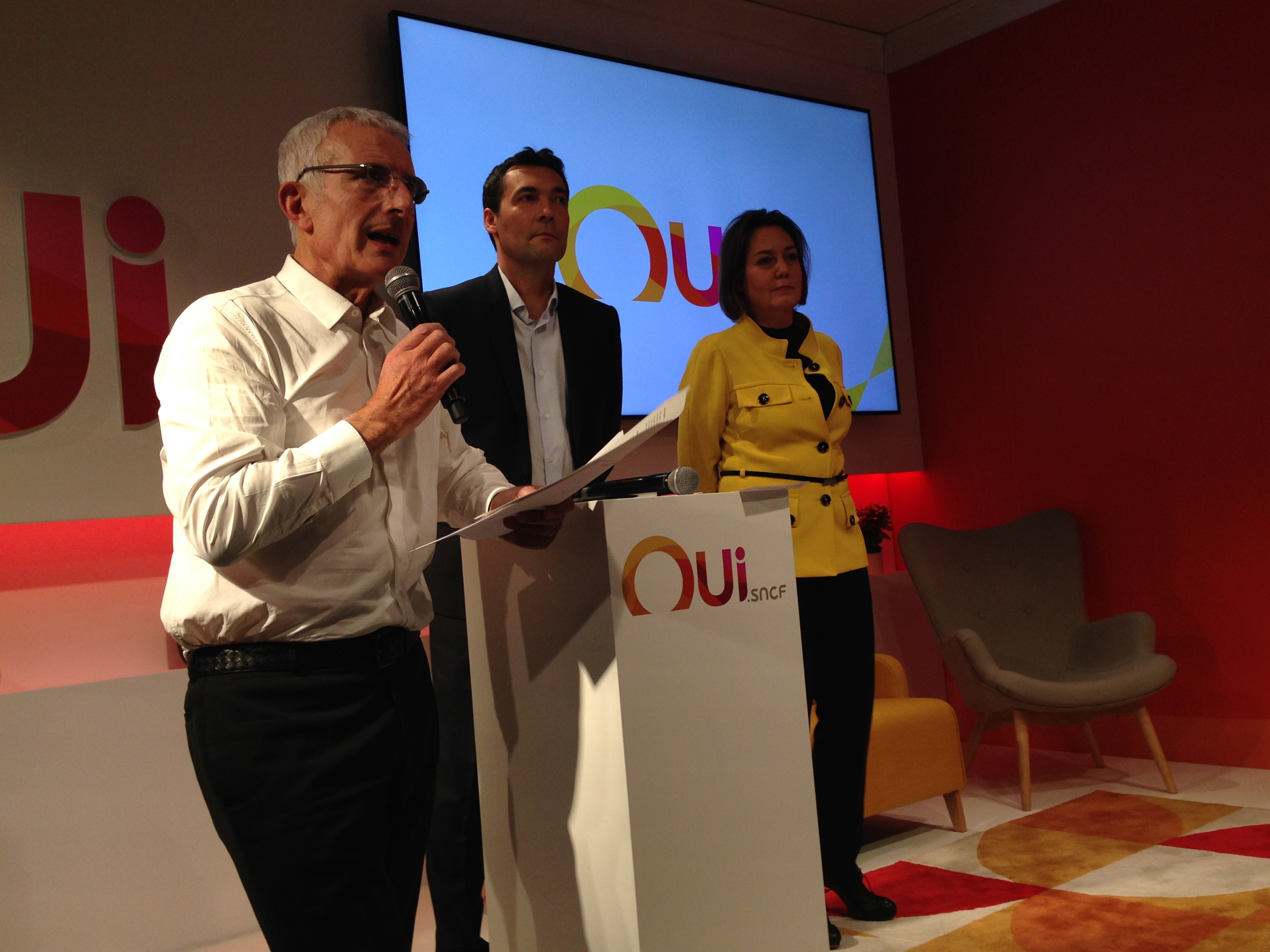 Guillaume Pépy, président du directoire de SNCF et président-directeur général de SNCF Mobilités, Julien Nicolas, directeur France de OUI.sncf et Rachel Picard, directrice générale de Voyages SNCF.