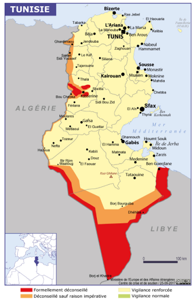 Les zones en rouge sont fortement déconseillées par le Quai d'Orsay - Crédit photo : capture écran du site diplomatie.gouv.fr