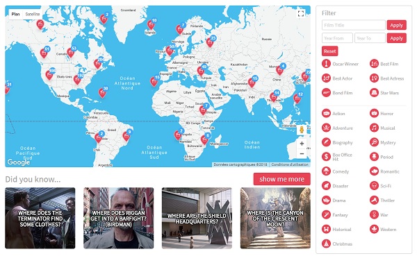 Musement met en ligne une carte interactive des lieux de tournage de 442 films oscarisés - Crédit photo : capture écran Musement