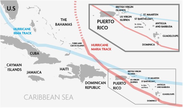 Le passage des ouragans Irma et Maria sur les Caraïbes en septembre 2018 - Source : Caribbean Disaster Emergency Management Agency