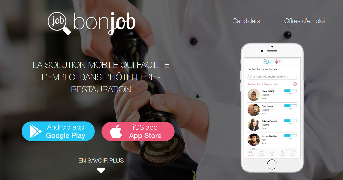 BonJob est une application et un site Internet de mise en relation de candidats et recruteurs du secteur de l'hôtellerie et de la restauration - DR : BonJob