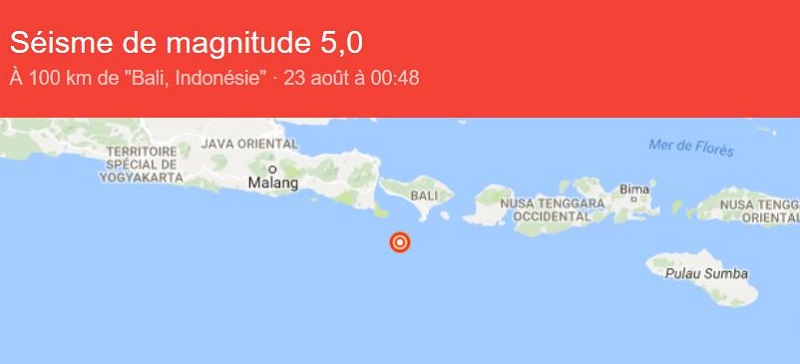 un séisme de magnitude 5 a frappé l'Indonésie - photo google via U.S. Geological Survey un séisme de magnitude 5 a frappé l'Indonésie - photo google via U.S. Geological Survey