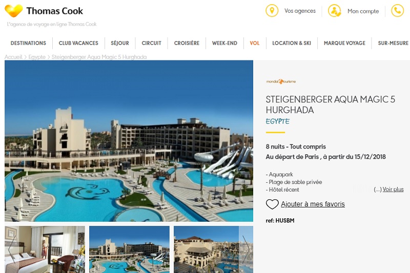 Thomas Cook a décidé de suspendre les ventes de l'hôtel Steigenberger Aqua Magic jusqu'à nouvel ordre - Capture d'écran ThomasCook.fr Thomas Cook a décidé de suspendre les ventes de l'hôtel Steigenberger Aqua Magic jusqu'à nouvel ordre - Capture d'écran ThomasCook.fr