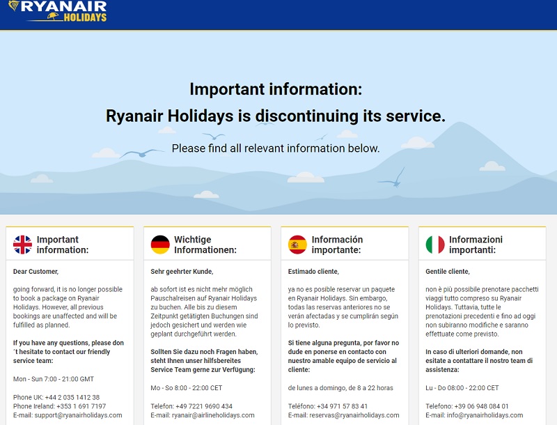 Sur le site, un message bref informe les clients de l'arrêt des ventes - DR : Capture d'écran Ryanair Holidays