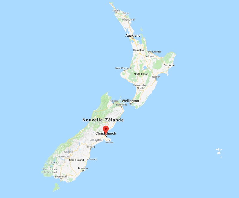 Christchurch est située sur l'île du Sud en Nouvelle-Zélande - DR Google maps