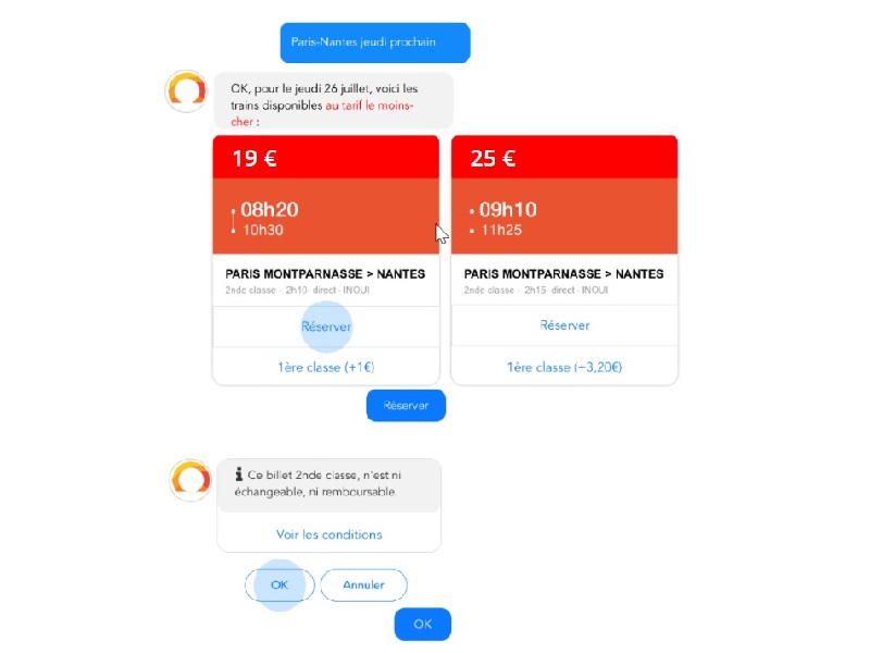 En quelques étapes, l’utilisateur peut valider son trajet et s’il est connecté à son compte client avec une carte de paiement enregistrée, payer directement sans quitter la conversation - DR : OUI.sncf