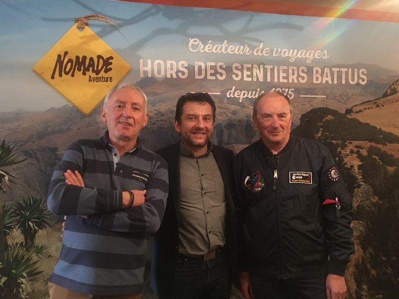 Charles Frankel, spécialiste de la géologie des planètes, Fabrice Del Taglia, directeur général de Nomade Aventure et Jean-Pierre Haigneré, spationaute. Ensemble, ils ont créé deux séjours à la conquête des étoiles, l'un en Russie, l'autre aux Etats-Unis - DR : C.L.