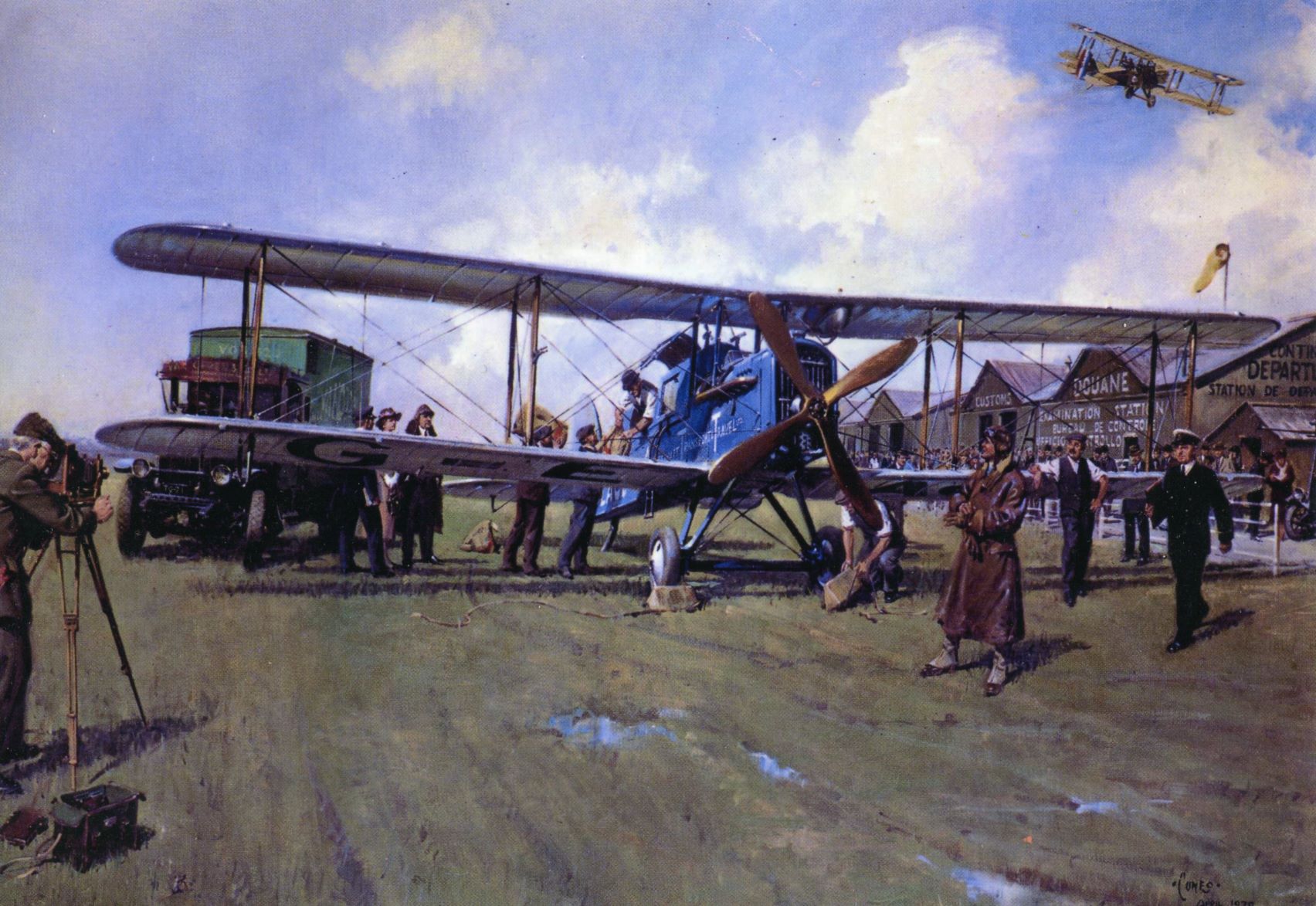 25 août 1919 : naissance de la Aircraft Transport & Travel, l’ancêtre de British Airways. Embarquement du passager et du fret au départ de l’aéroport de Hounslow. Evènement national, les journalistes et les actualités cinématographiques sont là - DR : Tableau signé Terence Cuneo (Collection BA) 25 août 1919 : naissance de la Aircraft Transport & Travel, l’ancêtre de British Airways. Embarquement du passager et du fret au départ de l’aéroport de Hounslow. Evènement national, les journalistes et les actualités cinématographiques sont là - DR : Tableau signé Terence Cuneo (Collection BA)