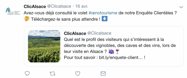 L’Observatoire Régional du Tourisme d’Alsace utilise ici des emoji qui résument l’essence de son message. Source : compte Twitter de ClicAlsace