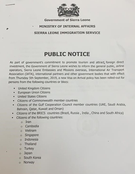 Sierra Leone : le visa peut dorénavant s'obtenir à l'arrivée Sierra Leone : le visa peut dorénavant s'obtenir à l'arrivée