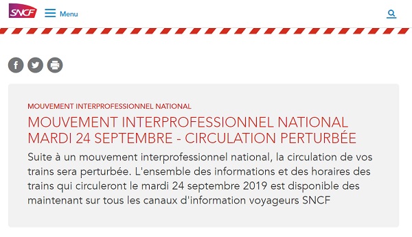 En raison d'un mouvement social, le trafic SNCF sera perturbé le mardi 24 septembre 2019 En raison d'un mouvement social, le trafic SNCF sera perturbé le mardi 24 septembre 2019