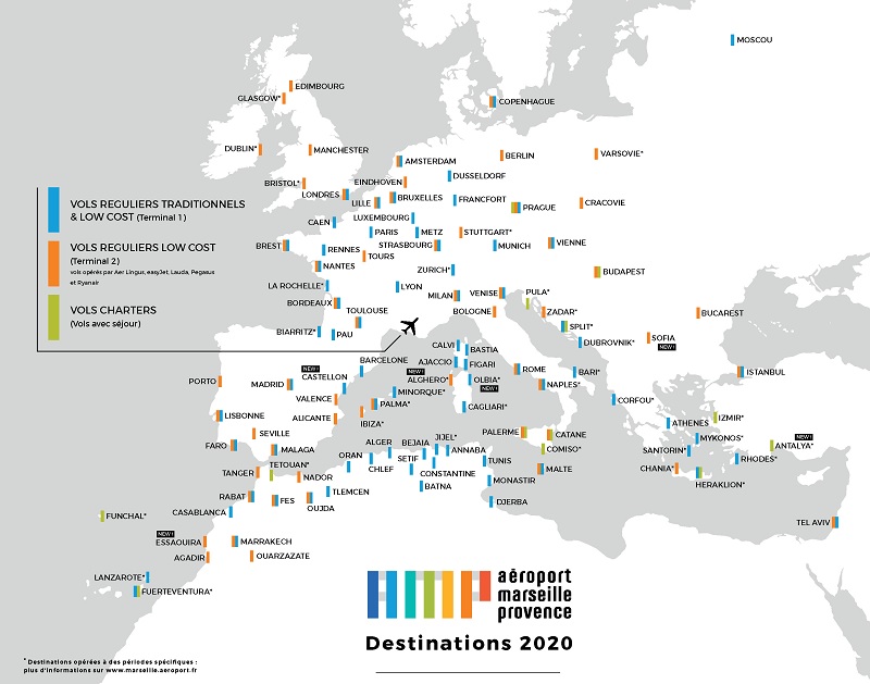 La carte des destinations court et moyen-courrier 2020 - DR : AMP