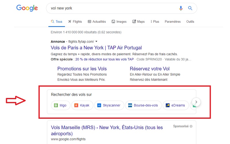 Google a fait apapraître en France une nouvelle barre dans la recherche de vols - DR