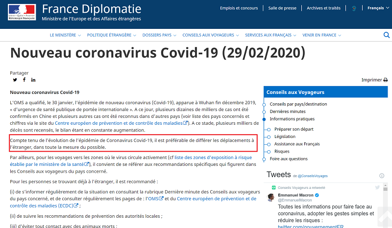 COVID-19 : "il est préférable de différer les déplacements à l’étranger", selon le Quai d'Orsay COVID-19 : "il est préférable de différer les déplacements à l’étranger", selon le Quai d'Orsay