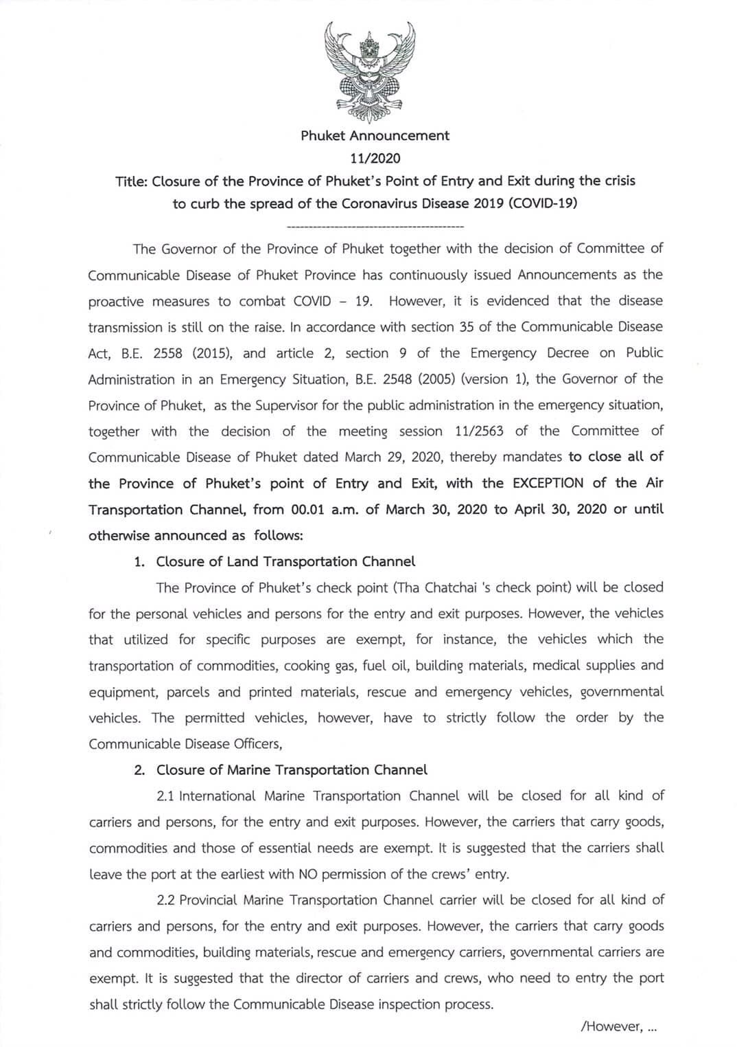 Lettre du gouverneur annonçant la fermeture de Phuket - DR