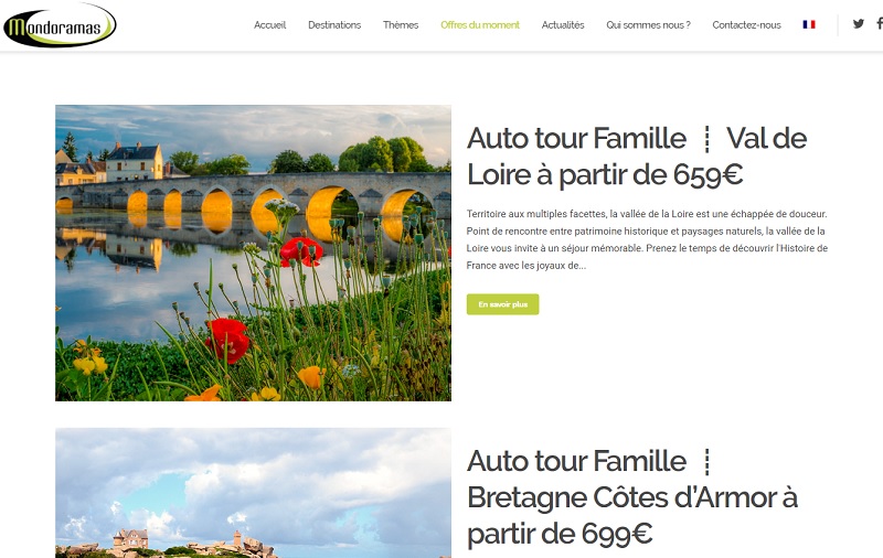 Mondoramas déploie une gamme d'offres dans le Puy-de-Dôme, le Val de Loire, le Gers, le Périgord, les Pyrénées, Toulouse, des produits montagne et redéveloppe le Canal du Midi - DR : Capture d'écran site web Mondoramas Mondoramas déploie une gamme d'offres dans le Puy-de-Dôme, le Val de Loire, le Gers, le Périgord, les Pyrénées, Toulouse, des produits montagne et redéveloppe le Canal du Midi - DR : Capture d'écran site web Mondoramas