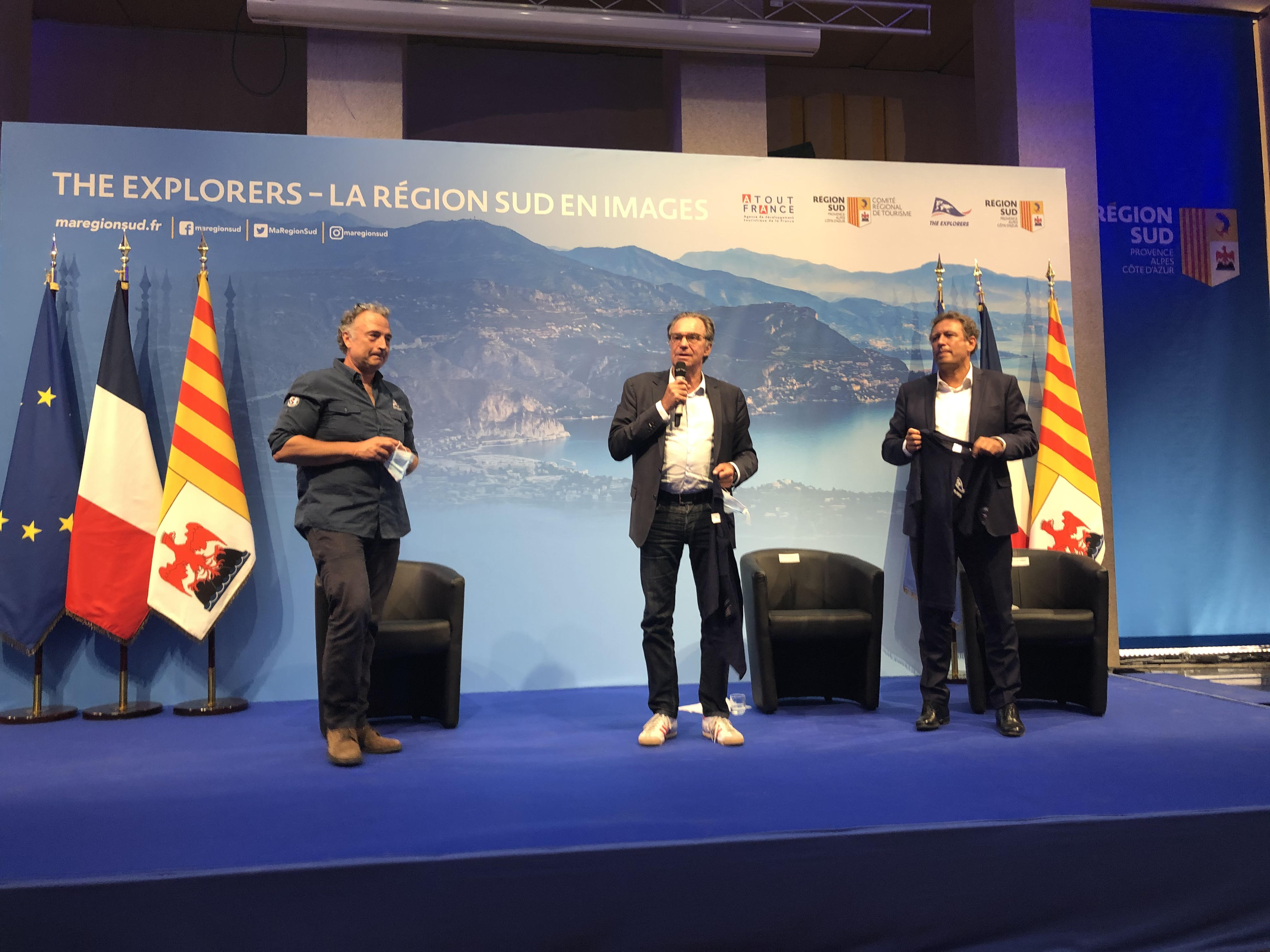 Présentation du partenariat au Conseil régional avec de gche à droite Olivier Chiabodo (The Explorers), Renaud Muselier et Fraçois de Canson /crédit photo JDL