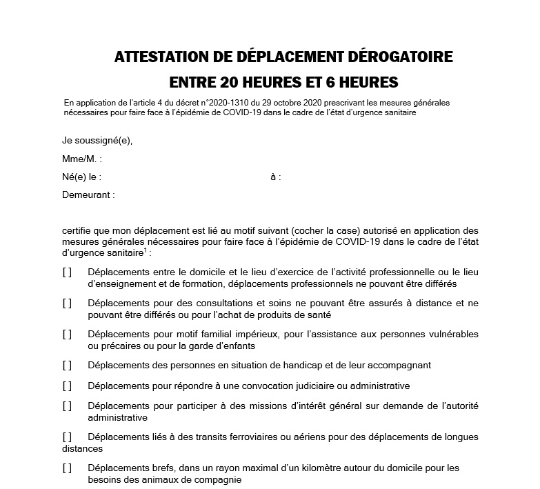 Nouvelle attestation de déplacement dérogatoire entre 20h et 6h - DR