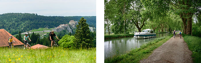 La GTJ à vélo à la Cluse et Mijoux © Michel Joly / Bourgogne-Franche-Comté Tourisme - Vélo le long de l’Eurovelo6 à Dole © Michel Joly / Bourgogne-Franche-Comté Tourisme