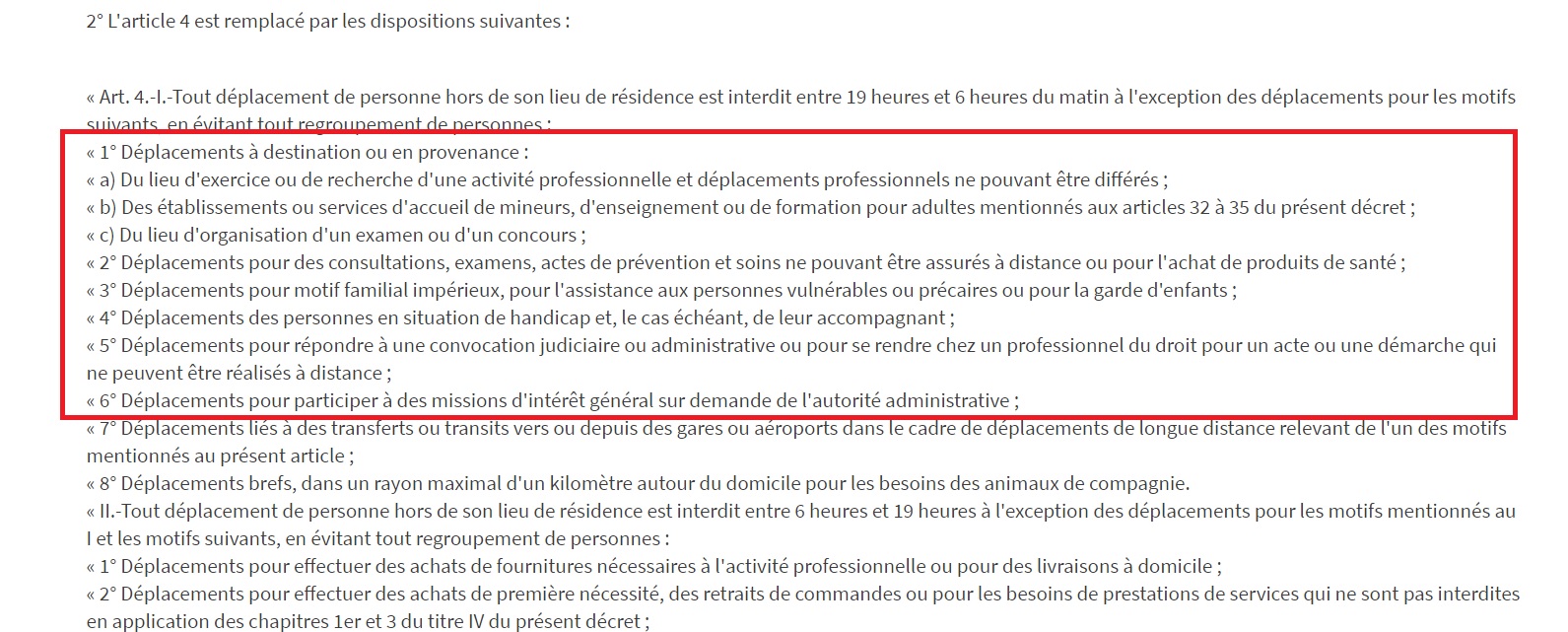 (CLIQUEZ POUR AGRANDIR) La liste des motifs qui justifient un déplacement- Capture écran du décret du 2 avril 2021