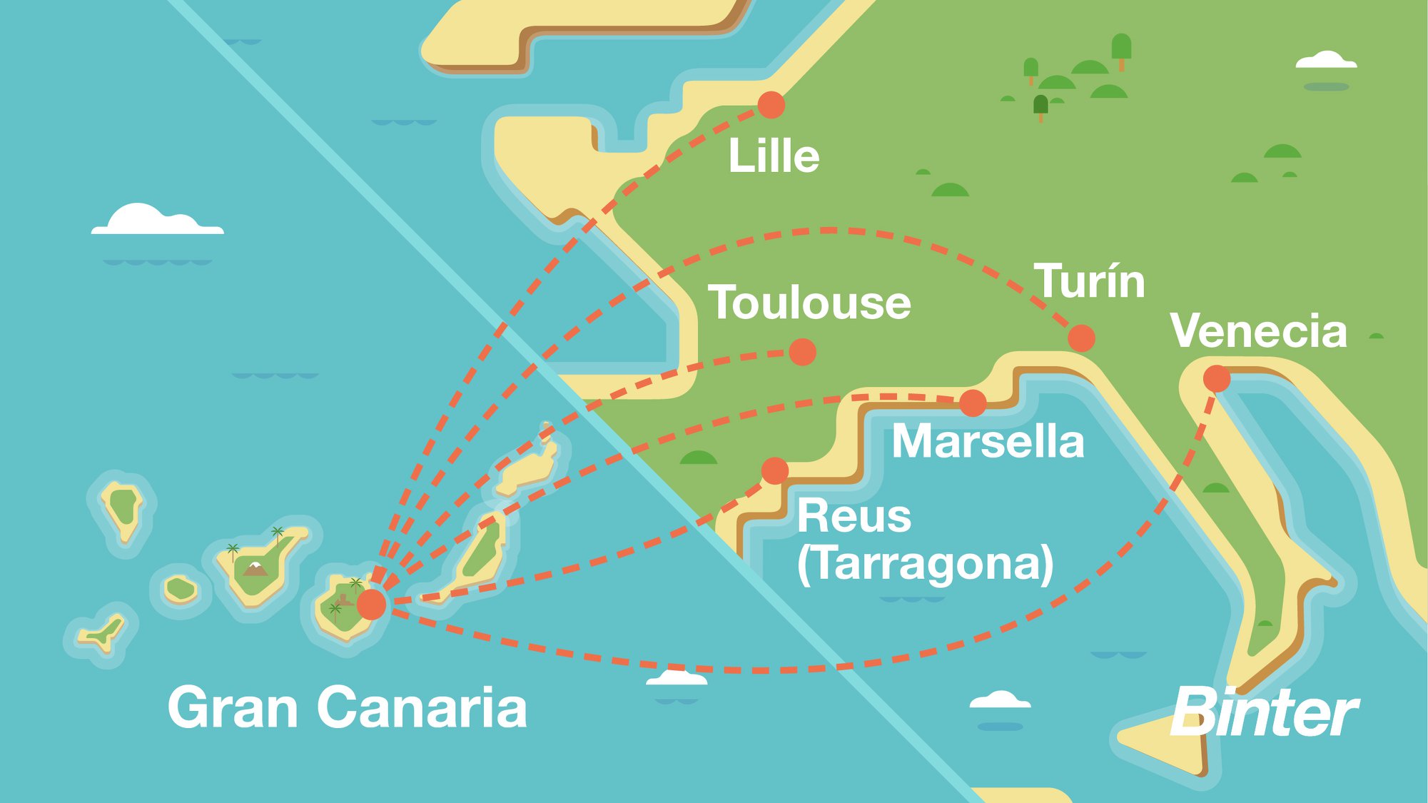 Le réseau de Binter qui relie Grande Canarie aux Canaries en Espagne à Marseille, Lille et Toulouse - DR Facebook