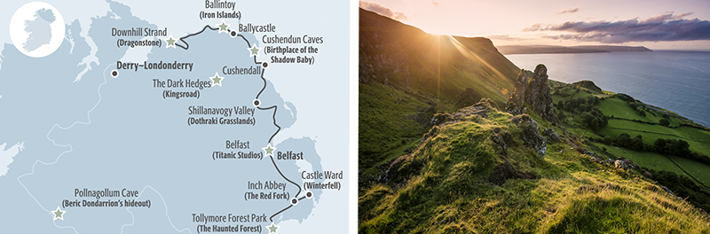 Carte des lieux de tournage de GoT ©Tourism Ireland - Galboly, The Glens of Antrim Runestone ©Tourism Northern Ireland