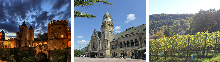 Porte des Allemands © Studio Hussenot - Gare de Metz © Philippe Gisselbrecht – Ville de Metz - Vignoble de Vaux © Agence Inspire Metz