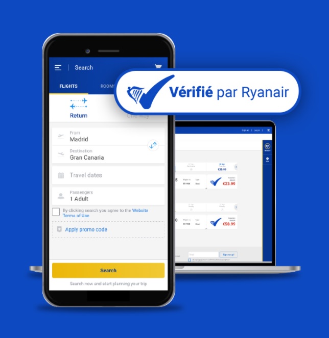 Le Label Vérifié est affiché sous forme d’un V pour cocher et est visible sur le site et sur l'application - DR : Ryanair