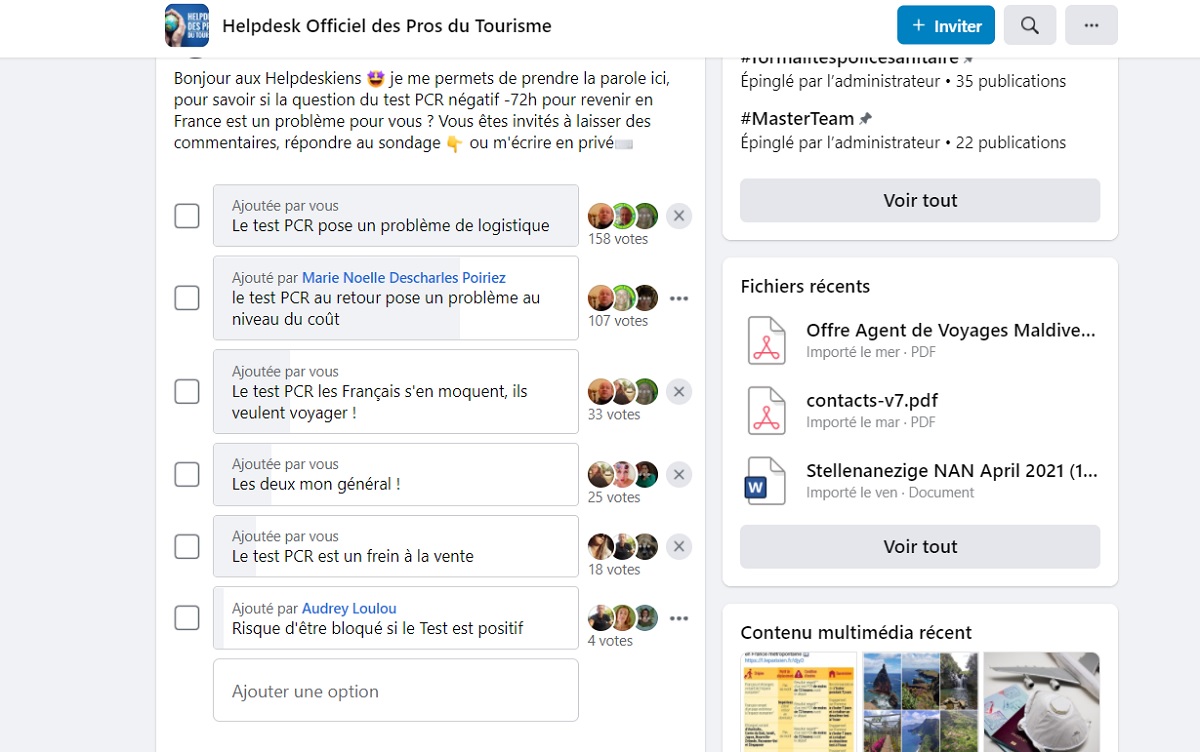 Plus de 300 agents de voyages ont répondu à notre sondage sur le Helpdesk concernant le sujet du "test PCR négatif -72h" (Cliquez sur la photo pour agrandir) - DR