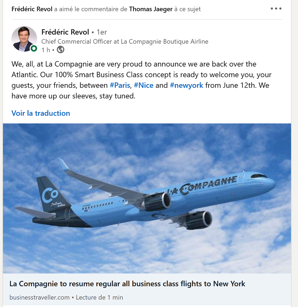 Paris - New York : La Compagnie reprendra ses vols dès le 12 juin