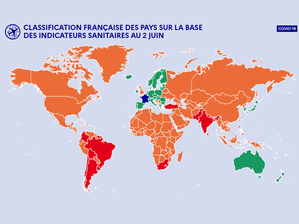 Découvrez la carte complète des pays verts, orange et rouges pour la semaine du 4 juin 2021 - Crédit photo : Gouvernement