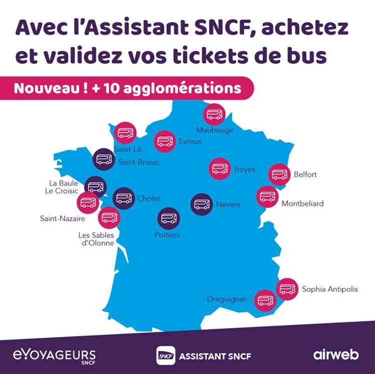 L’Assistant SNCF développée par e.Voyageurs SNCF continue d’enrichir son offre de billets dématérialisés pour les réseaux de transport en commun avec 10 nouvelles agglomérations - DR