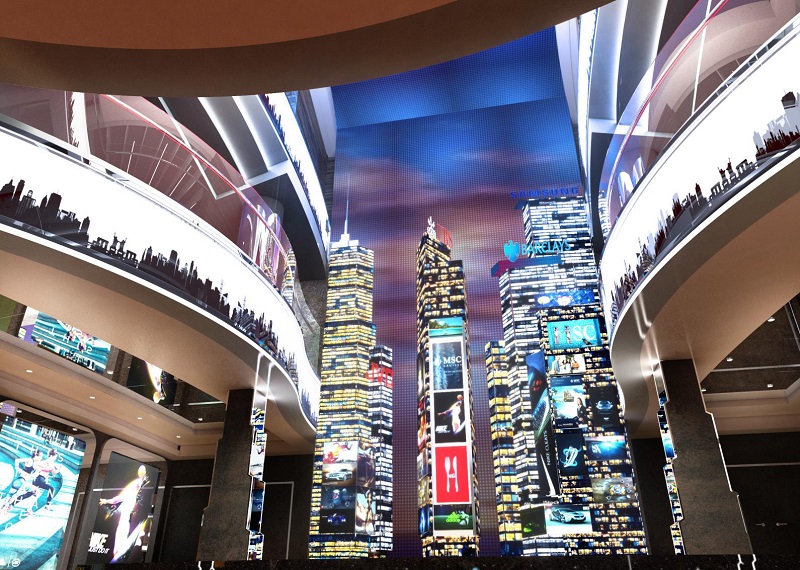 Le MSC Seashore rendra hommage à la ville de New York avec une zone de boutiques et de divertissement, nommée "Times Square", et un mur de diodes électroluminescentes de 8,5 mètres de haut s'étendant sur quatre ponts - DR : MSC Croisières